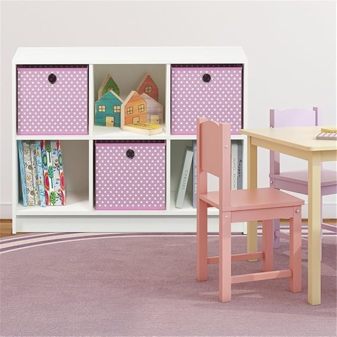 Furinno BASIC Book Shelf, 6-Cube Bookshelf with Open Shelf, 3 x 2 Bookcase with Storage Bins, Closed Back, Horizontal, 11.9" x 31.6" x 23.6", for Living Room, Bedroom, Home Office, White/Pink