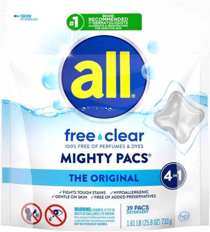 all free clear, Original, MIGHTY PACS Laundry Detergent Pacs for Sensitive Skin, Unscented and Hypoallergenic, 39 Count
