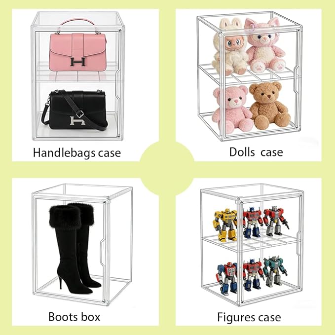 X-Large Clear Acrylic Display Case for Collectibles, Storage Bins/Box with Magnetic Lid and Stackable Design, 3 Adjustable Layers, Display Box for Shoes, Dolls, Purses, Toys, Cosmetics