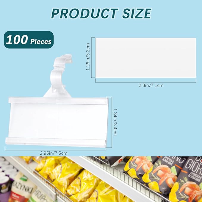 100 Pcs Reusable Plastic Wire Shelf Label Holder, for Pantry Retail Shopping Mall Store, Supermarket UPC Price Card & Ticket Display, Strong & Easy Clip Design Tight Snap Lock Closure1-1/4 H X 2.8" W