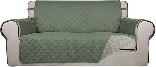 PureFit Reversible Quilted Sofa Cover, Water Resistant Slipcover Furniture Protector, Washable Couch Cover with Non Slip and Elastic Straps for Kids, Dogs (Oversized Loveseat, Greyish Green/Beige)