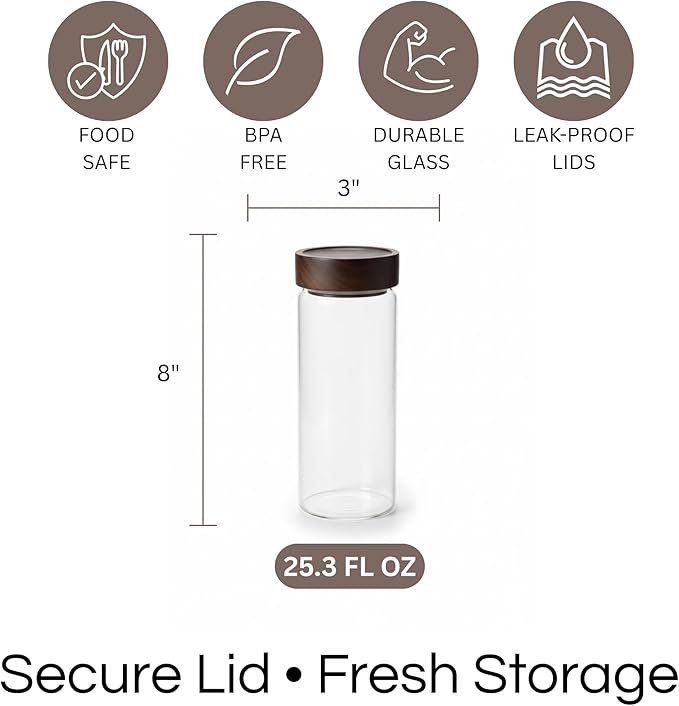 Sixhaven Wide Mouth Glass Storage Jars With 3" Acacia Wood Lids - 6 Pack of 25.3 Oz Airtight Food Storage Containers - Borosilicate Glass Canisters for Kitchen - Pantry Organizers Storage for Coffee