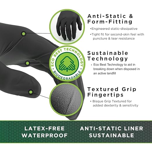 SHOWA 7700PFT Sustainable EBT Latex-Free, Powder-Free, Accelerator-Free, Nitrile Disposable Single Use Safety Gloves, 4 Mil, 9.5" Length, X-Large (1 Box/50 Gloves)