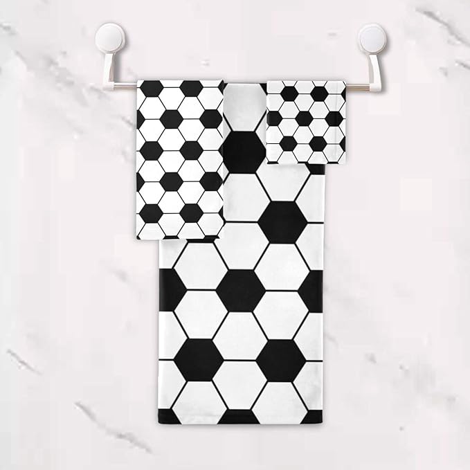 3 Piece Black and White Soccer Bath Towel Set,Microfiber Decorative Soccer Ball Sport Theme Football Print Bathroom Towels,1 Bath Towel 1 Hand Towel for Bathroom Kitchen,1 Washcloth for Face