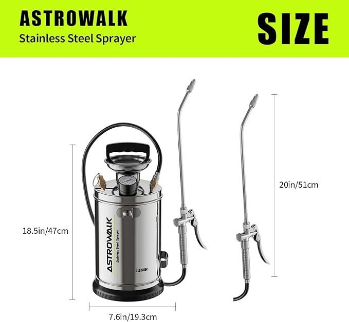 1.5 Gallon Stainless Steel Sprayer, Medium Duty & Versatile Pump Sprayer with 20" Wand & 4FT Reinforced Hose for Large Lawn, Garden, Fence & Patio, Includes Viton Seals and Gloves