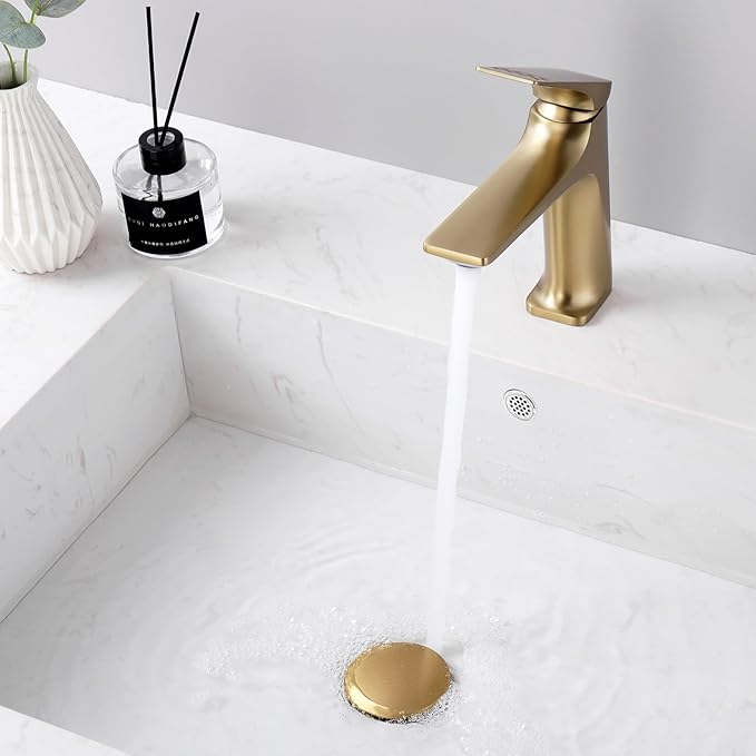 Bathroom Sink Pop Up Drain with Overflow, Vessel Sink Drain with Detachable Filter Basket, Anti-Corrosion and Anti-Clogging Sink Pop Up Drain Stopper (Brushed Gold, with Overflow)