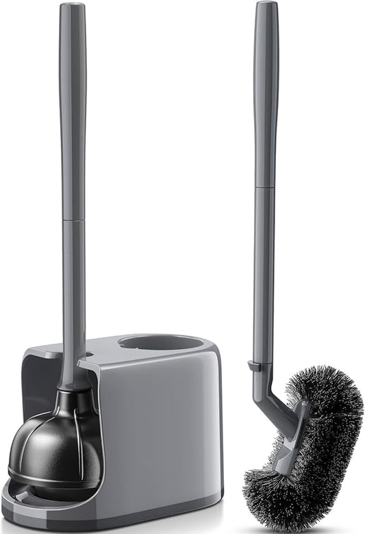 HAMITOR Toilet Plunger and Brush Set for Bathroom Cleaning with Extented Handle - Heavy Duty Toilet Plunger Combo Accessories with Caddy Stand Holder for Small Space - Gray