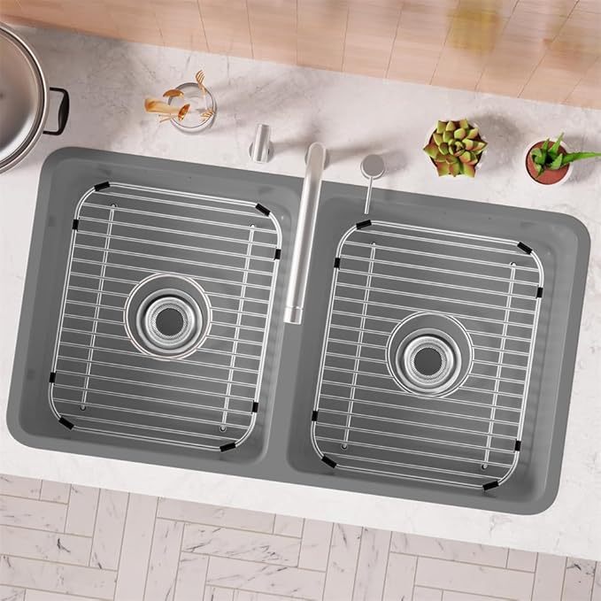 SANNO Sink Rack, Sink Protector for Kitchen Sink, Bottom Grid Rack Center Drain, Stainless Steel, 2pcs 11.5" x 13.8"