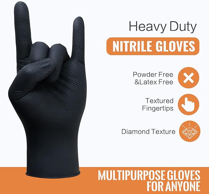 Wostar 8mil Black Nitrile Gloves Small 100Pcs Disposable Powder & Latex Free Diamond Textured Heavy Duty Black Gloves