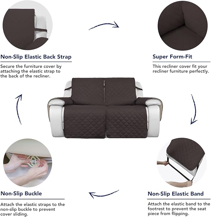 PureFit Water Resistant Reversible Sofa Cover for Reclining Sofa 2 Seat - Non Slip Split Recliner Couch Cover for Double Recliner, Washable Furniture Protector for Kid, Dogs (2 Seat, Chocolate/Beige)