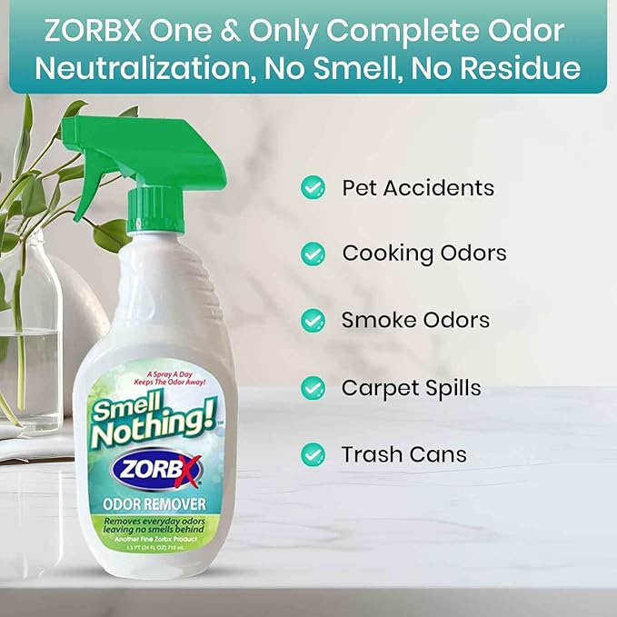 ZORBX Smell Nothing Odor Remover Spray 24 FL Oz – Unscented & Perfume Free Odor Absorber for Strong Odors - Advanced Odor Neutralizer & Pet Odor Remover for Couch, Car, Carpet & Diaper Pail Smells