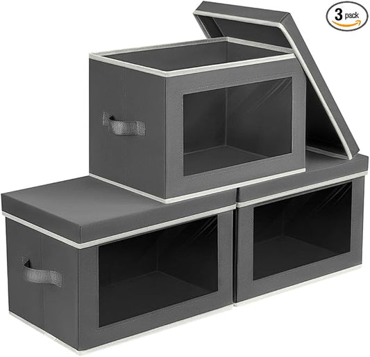 Collapsible Storage Bins with Lids - Stackable Storage Boxes with Window, 15.7 Inch Fabric Organizing Bins for Closet, Home & Office Organization Baskets, Dark Grey, 3 Pack
