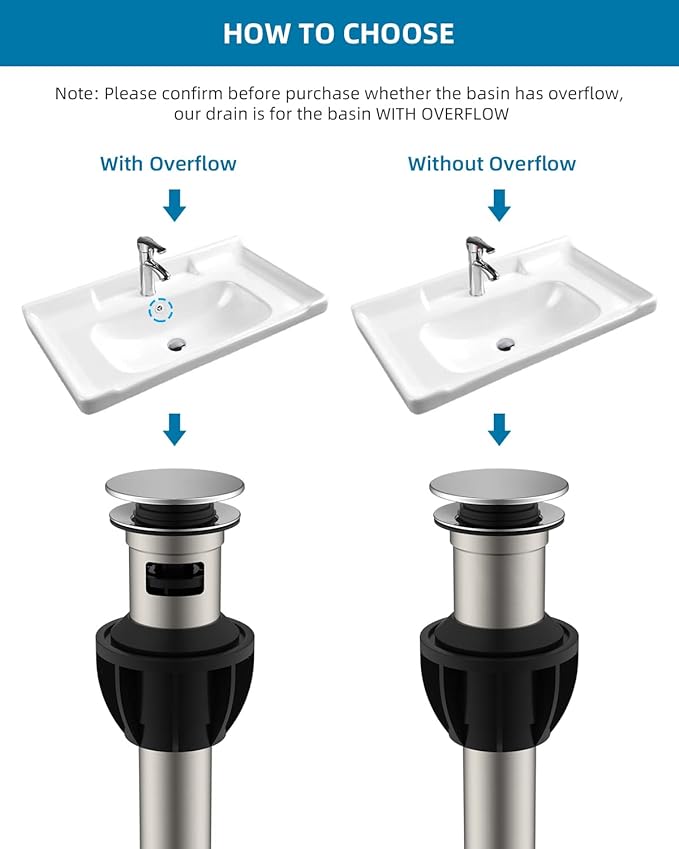 Hibbent 2 Pack Metal Bathroom Sink Drain with Overflow, Pop Up Detachable Stopper, Stainless Steel Vessel Lavatory Vanity Sink Strainer, Anti-Clogging Design, Chrome