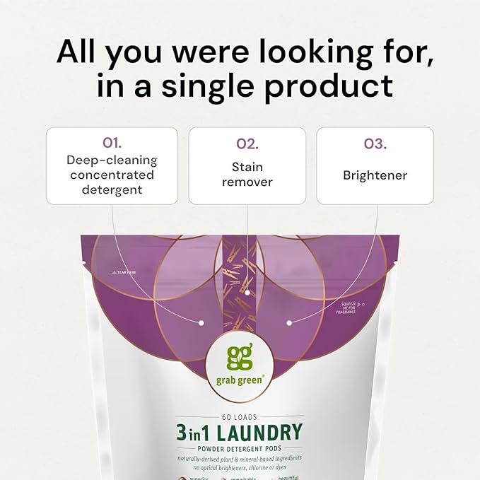 Grab Green Natural 3 in 1 Laundry Detergent Pods, Free & Clear/Unscented, 60 Loads, Fragrance Free, Organic Enzyme-Powered, Plant & Mineral-Based, 34 Ounce