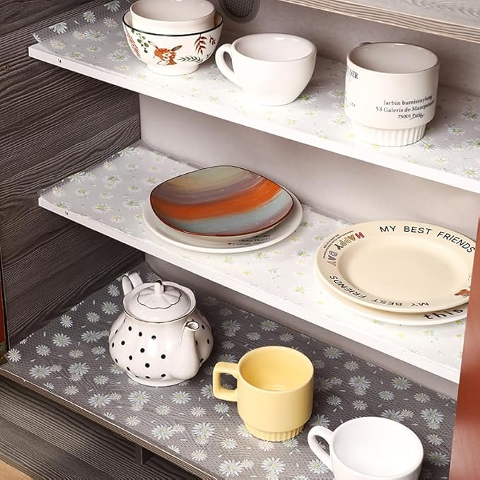 Daisy Flower Shelf Liner for Kitchen Cabinets, Non-Adhesive Drawer Liners, Non-Slip Refrigerator Mat, Washable EVA Cabinet Liner for Pantry, Fridge, Closet, Cupboard, 17.7" x 10 FT