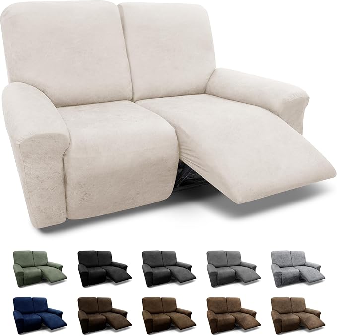 Loveseat Covers 6-Pieces Loveseat Recliner Cover 2 Seater Cover for Reclining Loveseat Cover Leather Look Recliner Slipcovers with Pockets Spandex Furniture Covers(Recliner Loveseat, Beige)