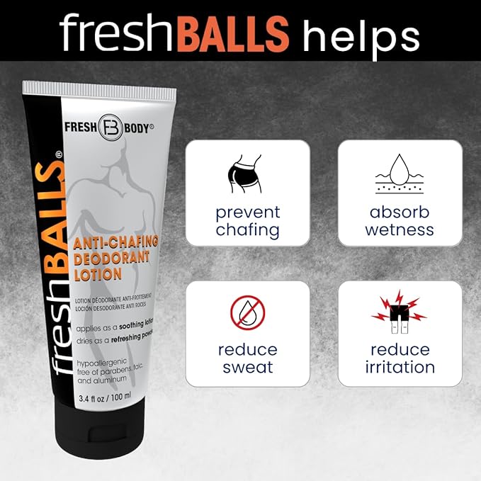 FRESH BALLS Lotion Anti-Chafing Cream Ball Deodorant for Men - Men's Anti-Chafe Lotion to Powder & Hygiene for Groin Area - Aluminum-Free, Talc-Free, 3.4 oz