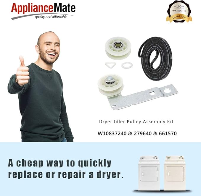 (2024 Upgraded Ball Bearings) 661570 & 279640 & W10837240 Dryer Idler Pulley Assembly with Bracket and Dryer Drum Belt Compatible with Whirl-Pool Replaces 3387372 PS11726337 W10547287 by Romalon