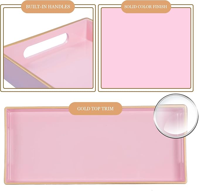 MAONAME Pink Vanity Tray Set of 2, Plastic Decorative Tray with Handles, Long Narrow Trays, Small Bathroom Trays for Toilet Tank, 13.8" X 6" X 1.57"