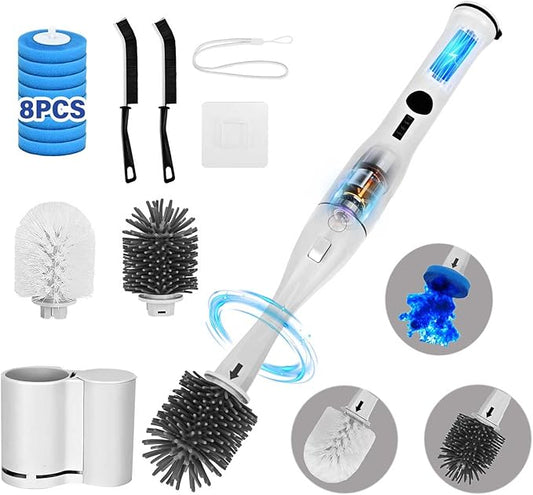 Electric Toilet Brush Scrubber and Holder Set,Electric Toilet Bowl Cleaning Kit with 8 Disposable Refill Heads,Hard Nylon Brush and Soft Silicone Brush