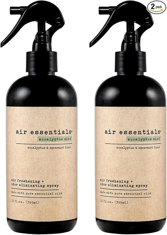 Air Essentials 12 oz Air Freshener & Odor Eliminator Spray - Neutralize Odors from Smoke, Pets, Food & Garbage in Homes, Offices & Cars - Made with Clean Essential Oils (Eucalyptus Mint, 2-Pack)
