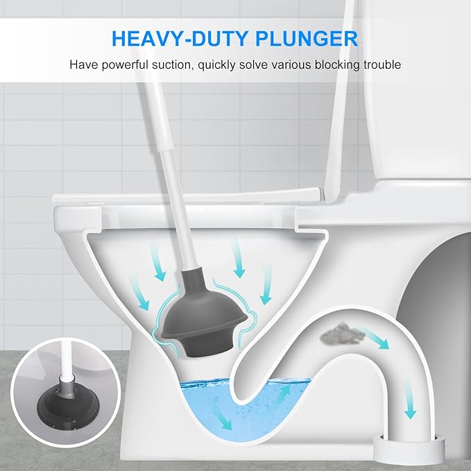SetSail Toilet Brush and Plunger Set, Toilet Plungers for Bathroom Heavy Duty Toilet Bowl Brush and Holder+Floor Scrub Brush with 51In Long Adjustable Handle 2 in1 Scrape Brush for Shower Bathroom Tub