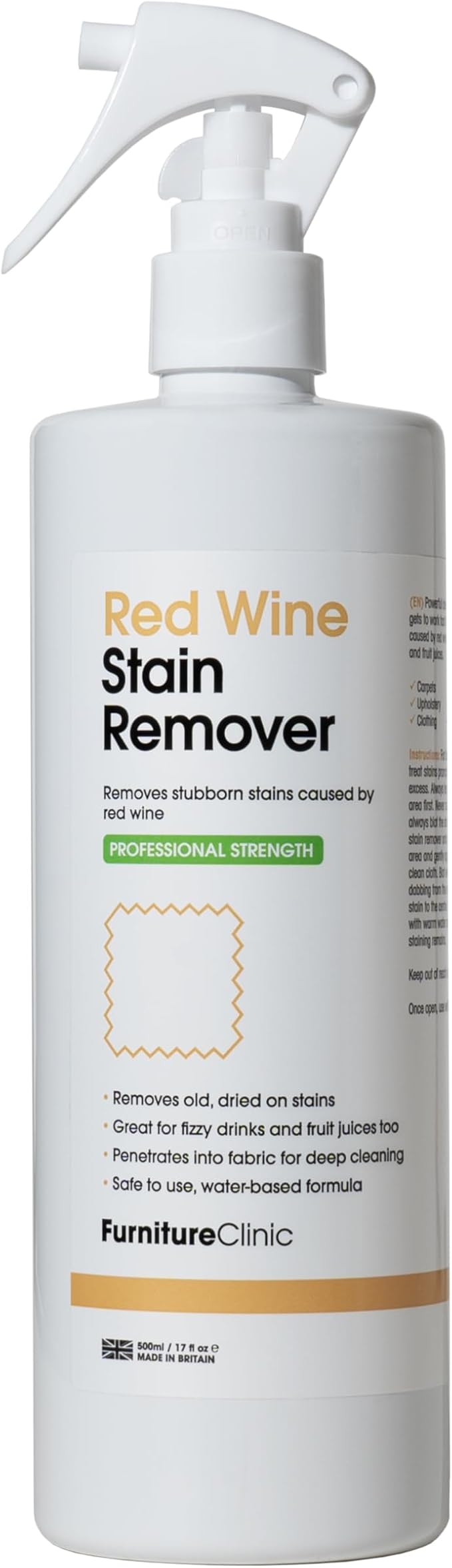 Furniture Clinic 17oz Red Wine Stain Remover Solution | Stain Removal Treatment for Clothing, Carpet, Upholstery | Effective for New and Old Stains | (500ml/ 17oz)
