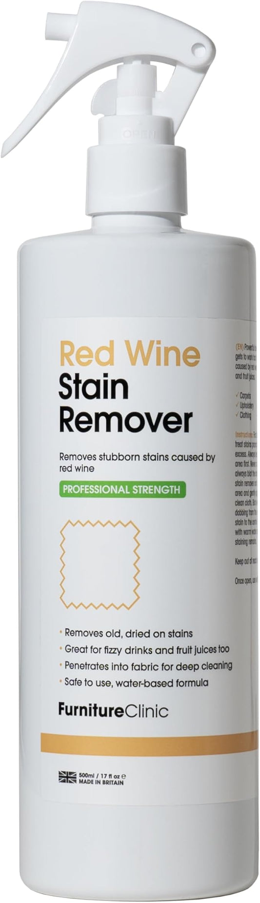Furniture Clinic 17oz Red Wine Stain Remover Solution | Stain Removal Treatment for Clothing, Carpet, Upholstery | Effective for New and Old Stains | (500ml/ 17oz)