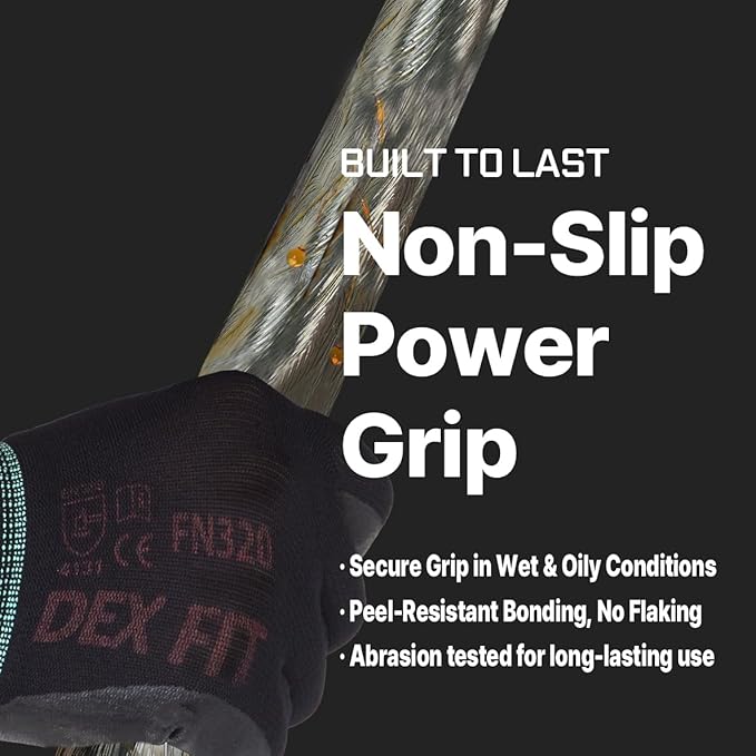 DEX FIT Nylon Work Gloves FN320, 3D Comfort Fit, Power Grip, Lightweight & Breathable, Touchscreen, Gardening, Yard Work, Warehouse, Delivery Driver Gloves; Black 10 (XL)