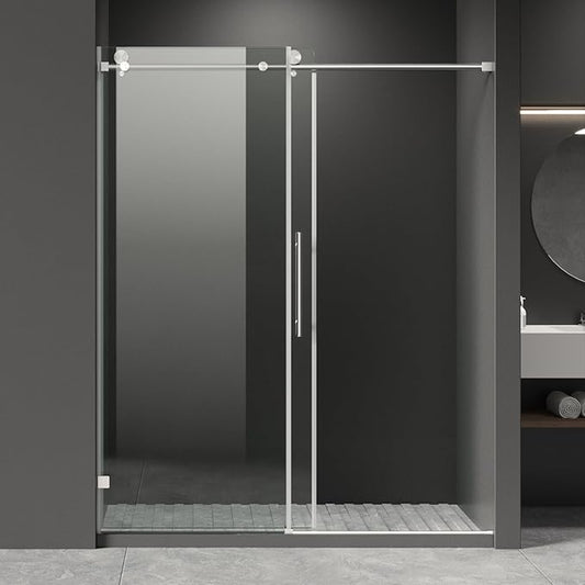 Frameless Shower Door, 56-60" W x 74" H 8mm Single Sliding Shower Door with 5/16" Clear Tempered Glass, Bathroom Glass Door for Walk-in Shower, Brushed Nickel