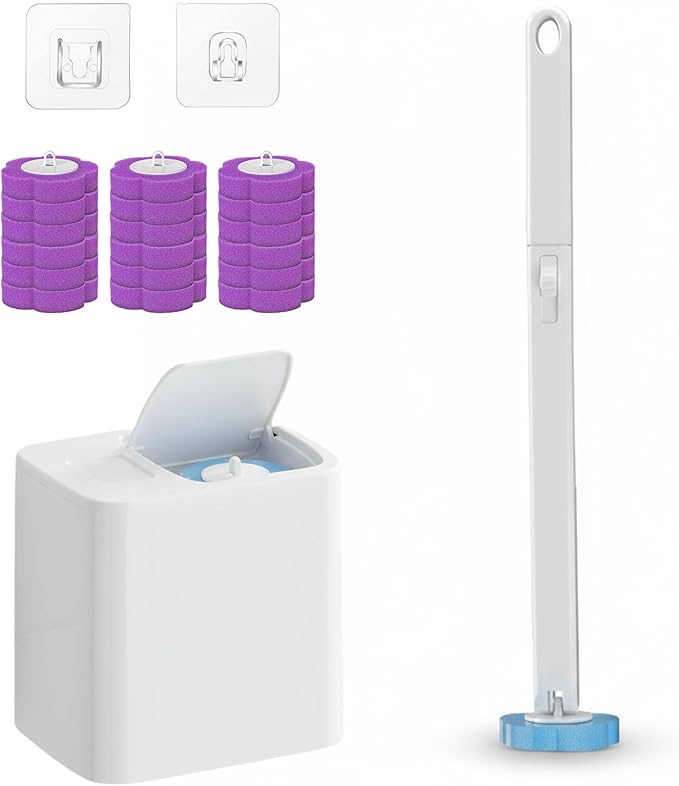 2026 New Disposable Toilet Brush, Disposable Toilet Cleaning System, Ocean/Lemon/Lavender 3 Aromatherapy, Includes Disposable Cleaning Stick, Storage Box and Scented Refill Tabs (White-Lavender*18)