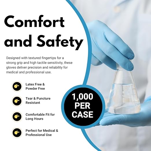 KINGFA Nitrile Medical Exam Gloves - 510(k), Powder Free, Latex Free, 4 mil Thickness, Blue (Case of 1,000) (X-Large)