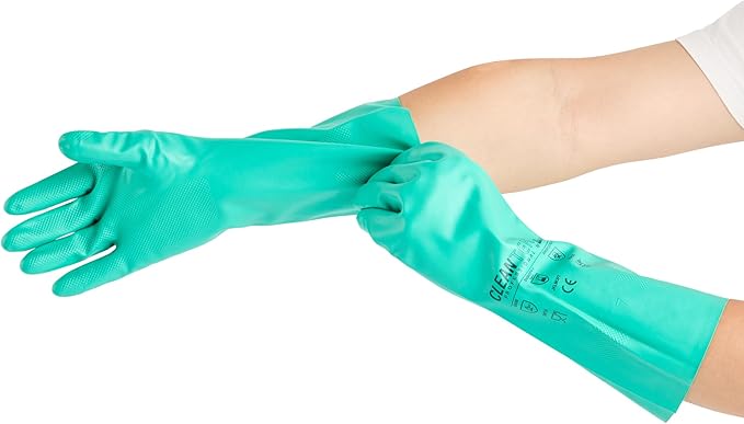 Restaurantware-Clean Tek Professional 15 Mil Medium Cleaning Gloves, 1 Pair Of Long Cuff Gloves - Flock Lining, No-Powder, Green Nitrile Chemical Tolerant Gloves, No-Latex, Heavy-Duty Tasks