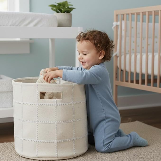 MakeMake Organics Storage Bins for Kids Nursery Bin Organizer (13"x12") Laundry Basket for Closet, Decorative Floor Storage Basket Canvas Fabric Storage Basket (Mesh - Ivory)