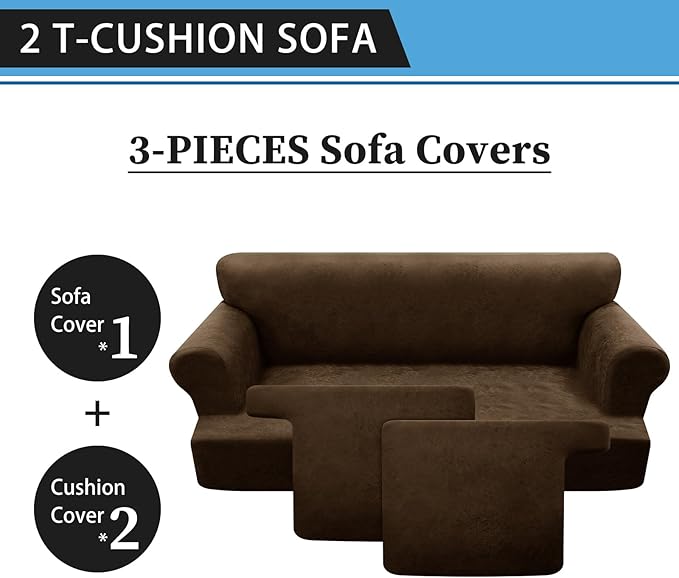 3-Pieces T Cushion Sofa Slipcovers Leather Look Couch Cover for 2 Cushion Couch Furniture Protector Stretch Sofa Cover with 2 Individual T Cushion Seat Covers Washable, Dark Brown