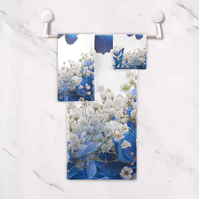 Spring Floral Bath Towels Set,Absorbent Soft 3 Piece Blue White Butterfly Elegant Flower Towel Set for Bathroom,1 Bath Towel 1 Hand Towel 1 Washcloth,Quick Dry Decoractive Bathroom Towels