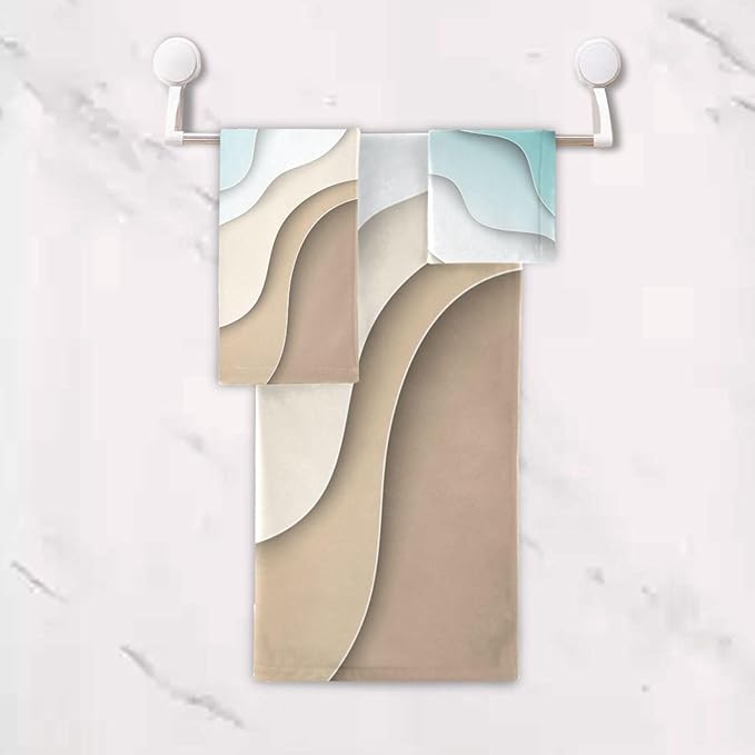 Turquoise Brown Cream Gradient Bath Towels Set,Ultra Soft 3 Piece Abstract Beach Theme Ocean Towels for Bathroom,1 Bath Towel 1 Hand Towel 1 Washcloth,Absorbent Decoractive Bathroom Towels