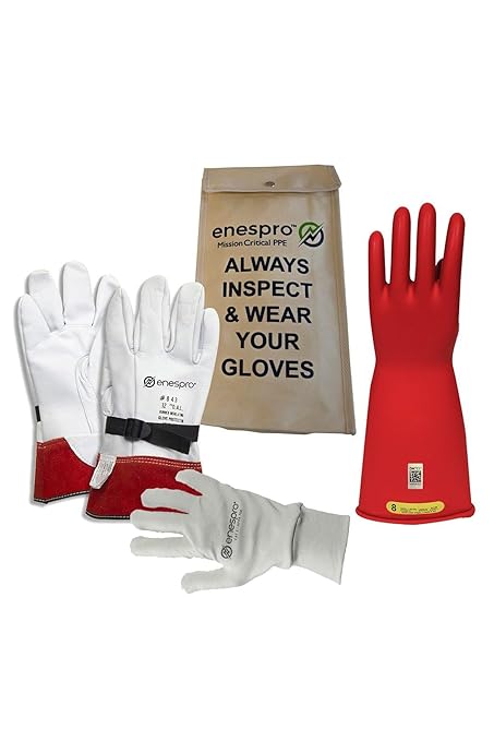 Enespro Class 2 Red Rubber Voltage Insulating Glove Premium Kit with FR Knit Glove and Leather Protectors, Max. Use Voltage 17,000V AC/ 25,500V DC, KITGC2R10AG