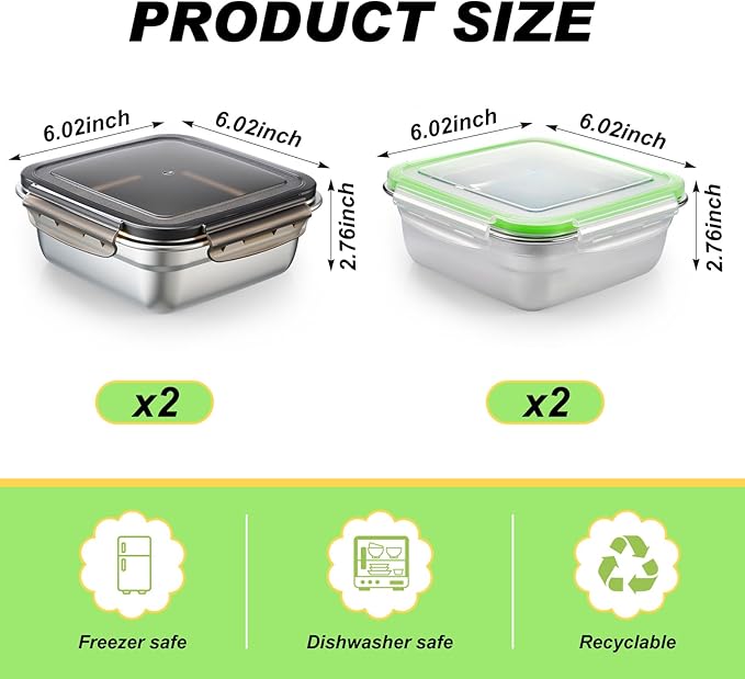 4 Pack Stainless Steel Sandwich Containers with Lids 25.4 oz Metal Food Container for Lunch Boxes with Airtight Silicone Seal for Sandwiches and Snacks (Black, Green)