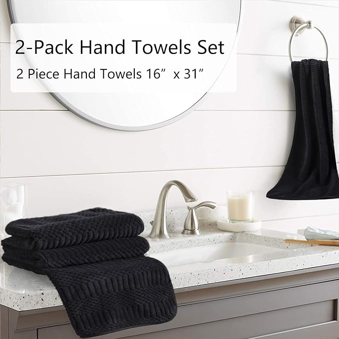 Oliven 2 Piece Black Geometric Hand Towel Set 16"x31" Soft Highly Absorbent Quick Dry Bathroom Towels Microfiber Plush Towels Set Woven Towels for Kitchen Hotel Spa Gym