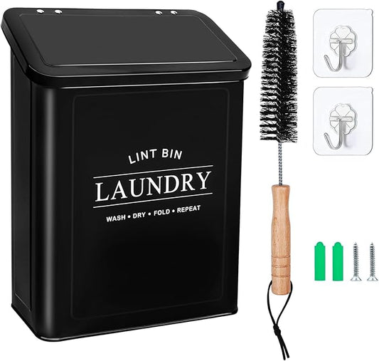 Fantasyon Magnetic Lint Bin with Lint Brush for Laundry Room Decor Farmhouse Rustic Metal Wall Mounted Lint Box Holder Keeper Organization Lint Trash Can with lid for Dryer (black)