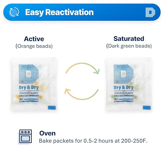 Dry & Dry 3 Gram[200 Packets] Orange Indicating Silica Gel Packets Desiccant Dehumidifiers - Food Safe Silica Packs, Silica Gel, Moisture Absorbers, Silica Packets, Desiccant Packs
