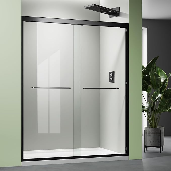 Glass Shower Door,50-54 x 72 inch Bathroom Sliding Door with 1/4'' Clear Tempered Glass,Double Sliding for Walk-in Semi-Frameless Black Shower Door Silent Glide Technology Reversible Door