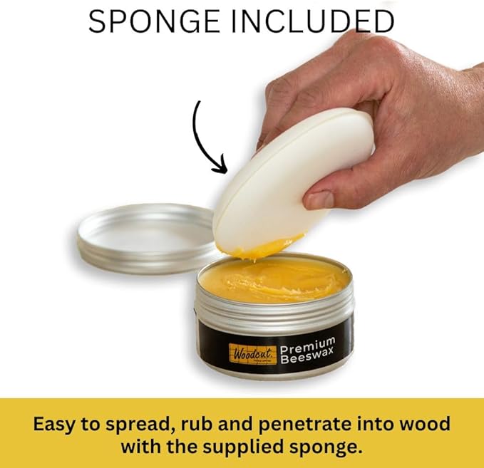 Beeswax Woodcut Premium 7oz, Wood Cream, Food Safe for Cutting Boards, Woodturning, Furniture, Benchtops, Cupboards, Baby Toys, Floors and Leather. Aluminium Container with Sponge
