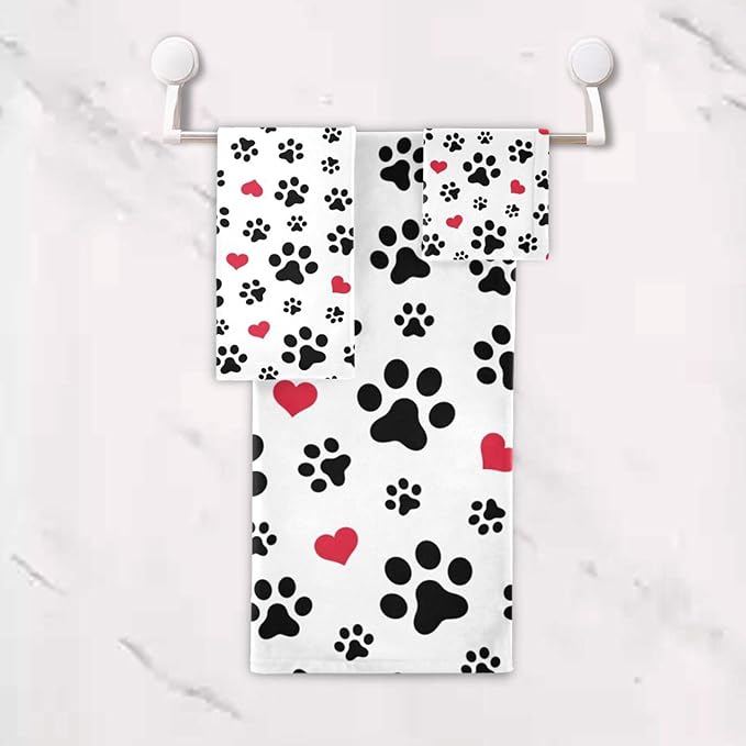 3 Piece Black White Dog Paw Print Bath Towel Set,Microfiber Decorative Puppy Pet Footprint Red Love Hearts Bathroom Towels,1 Bath Towel 1 Hand Towel for Bathroom Kitchen,1 Washcloth for Face