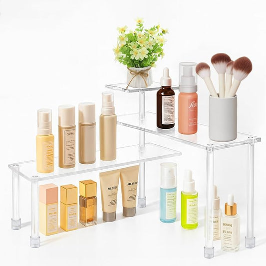 Bathroom Organizer-Acrylic Countertop Corner Shelf,3-Tiers Organization Trays,Moveable Storage Shelves, Waterproof Spice Rack Gift for Kitchen,Home,Coffee Break Room,Makeup