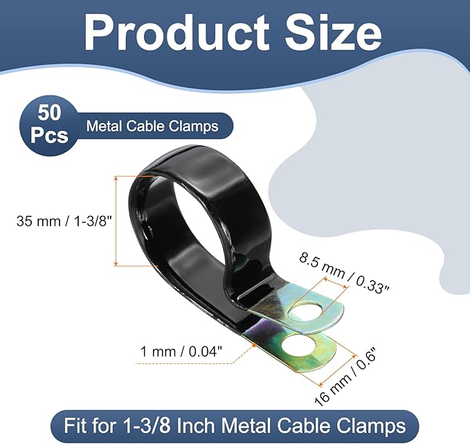 PATIKIL 1-3/8 Inch Vinyl Coated Cable Clamps, 50 Pack Galvanized Steel Metal Cable Clips Rubber Cushion Insulated Pipe Clamps for Tube Lines Cord Wire Management, Black