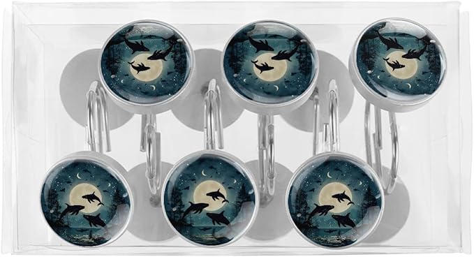 12 Packs Jumping Whales Shower Curtain Hooks, Stainless Steel Glass Shower Curtain Rings for Bathroom, Rustproof Metal Curtain Rod Hooks