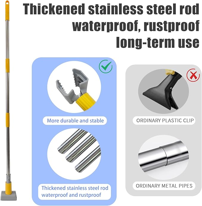 Heavy Duty Commercial Jaw Clamp Mop Handle 55.7 Inch Thickened Stainless Steel Yellow Mop Stick Industrial Grade Replacement Adjustable Mop Rod