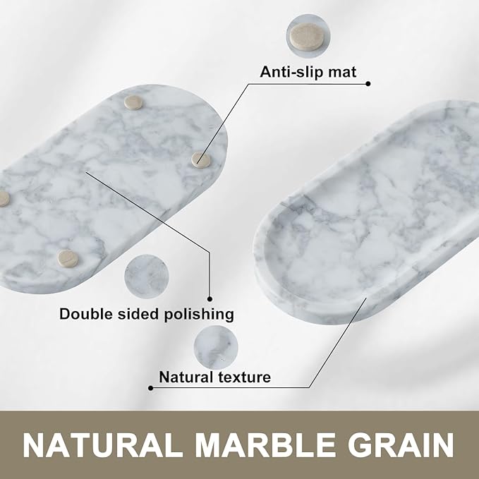 Natural Marble Vanity Tray, Marble Tray for Bathroom countertop,Stone Tray for Storing Perfume, Cosmetics and Jewelry 10 * 5inch （White）